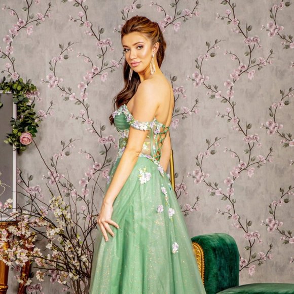 NEW LONG A-LINE SLEEVELESS OFF SHOULDER FLORAL DRESS WITH LACE UP BACK GL3227 - Picture 8 of 12